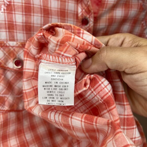 Cowgirl Up Distressed Bleached Plaid Snap Down Shirt Salmon size Small - Picture 6 of 7